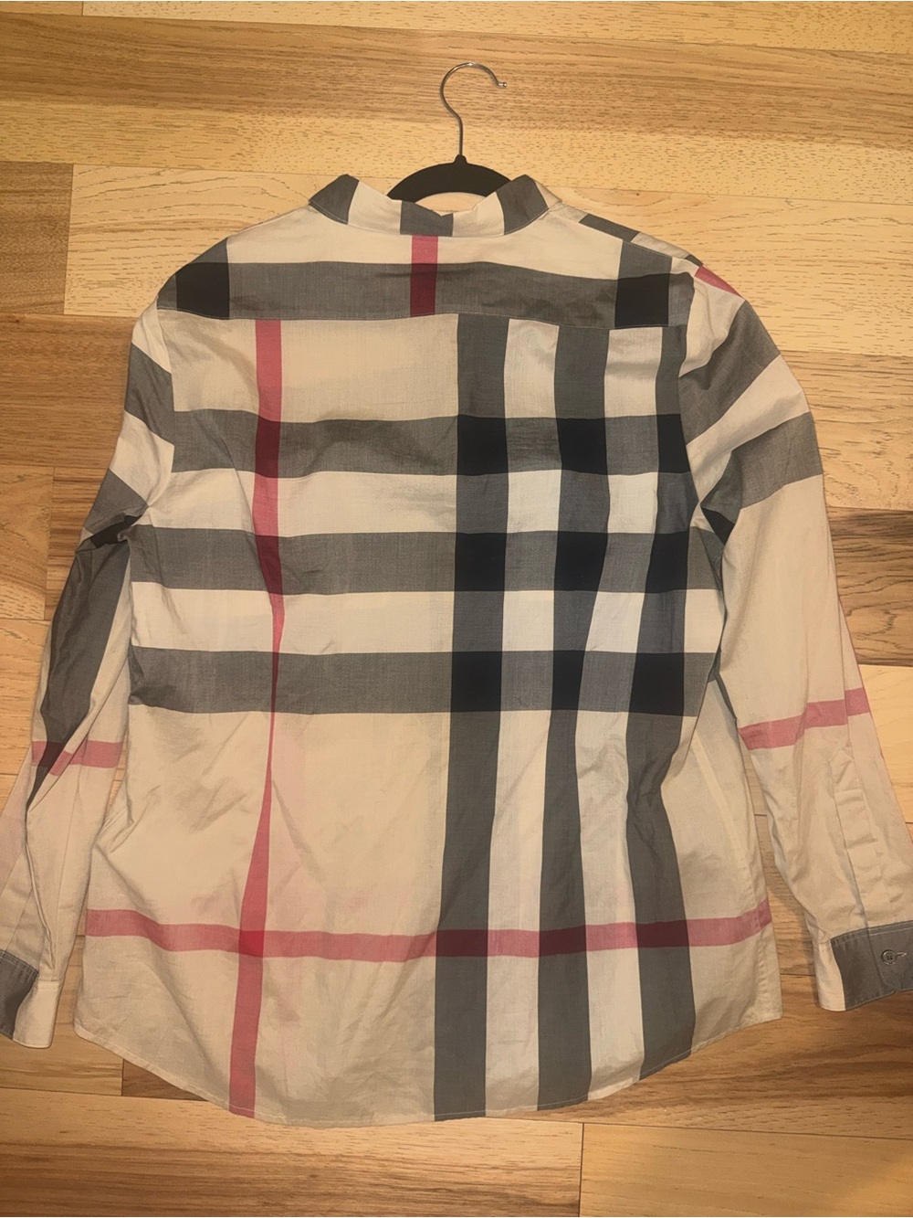 Burberry Womens Cream Plaid Button-Down Shirt with Gray and Red Stripes - Picture 3 of 5
